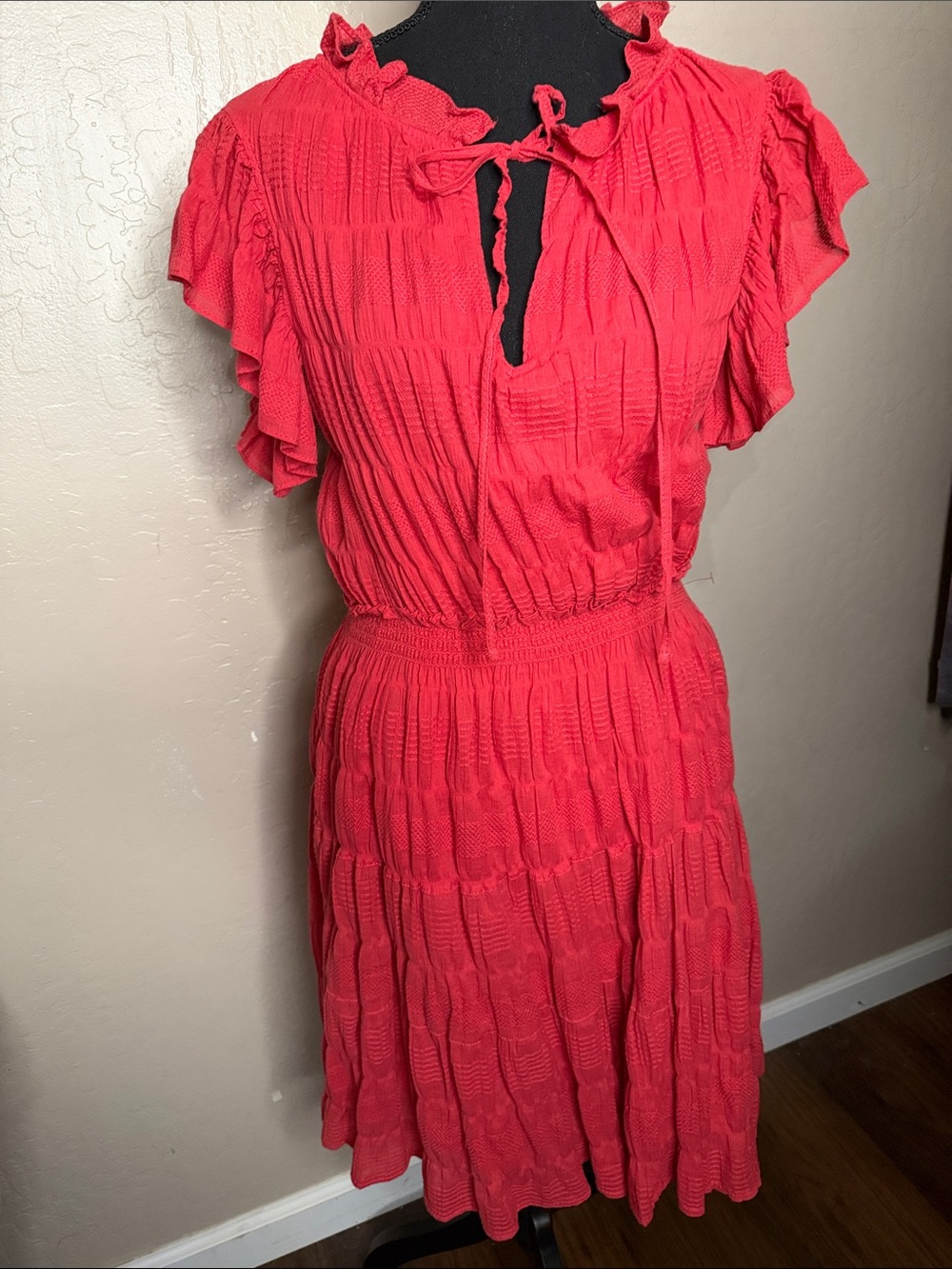 Max Studio Coral Red Ruffle Midi Dress with Tie Neck